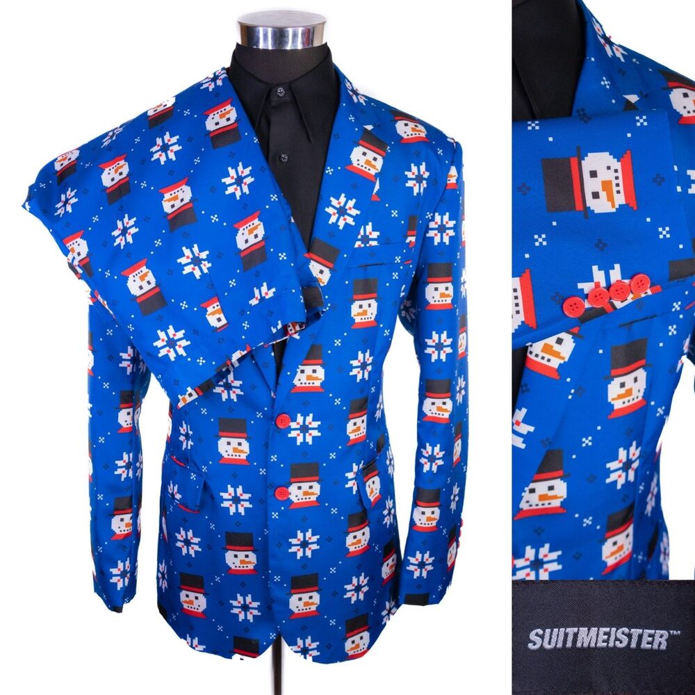 Suitmeister Christmas Holiday Party Suit Blue Snowmen/Snowflakes Size XL 46-48